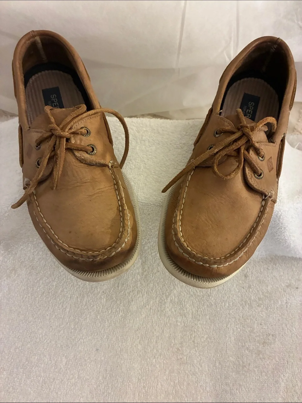 Sperry Men’s Tan Leather 2-Eye Boat Shoes, moccasins rawhide laces